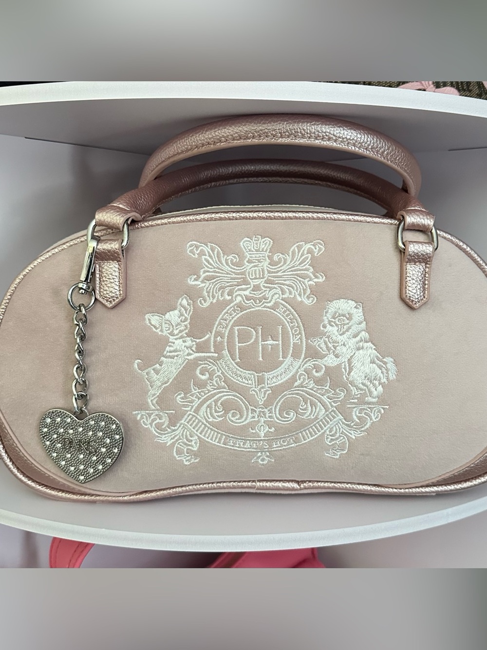 Paris Hilton Pink Velour Satchel Handbag with Heart Charm
